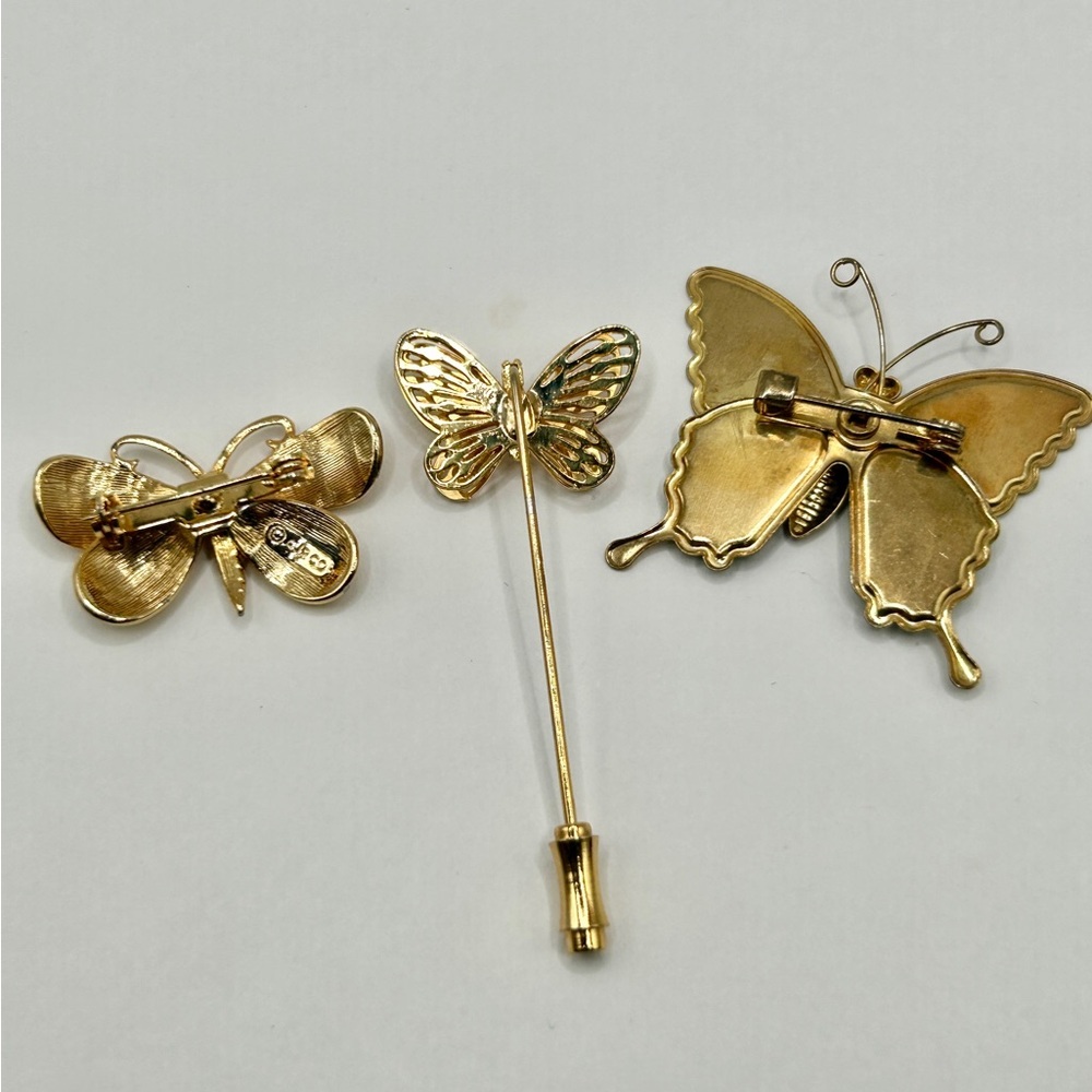 3 Lot Vintage Butterfly Brooch Set Gold Blue Pink Green Yellow​ - Picture 7 of 13